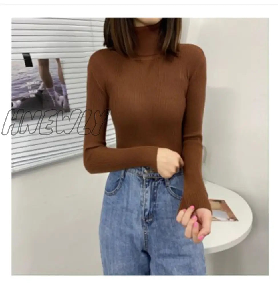 Hnewly Women Turtleneck Sweaters Autumn Winter Korean Slim Pullover Basic Tops Casual Soft Knit