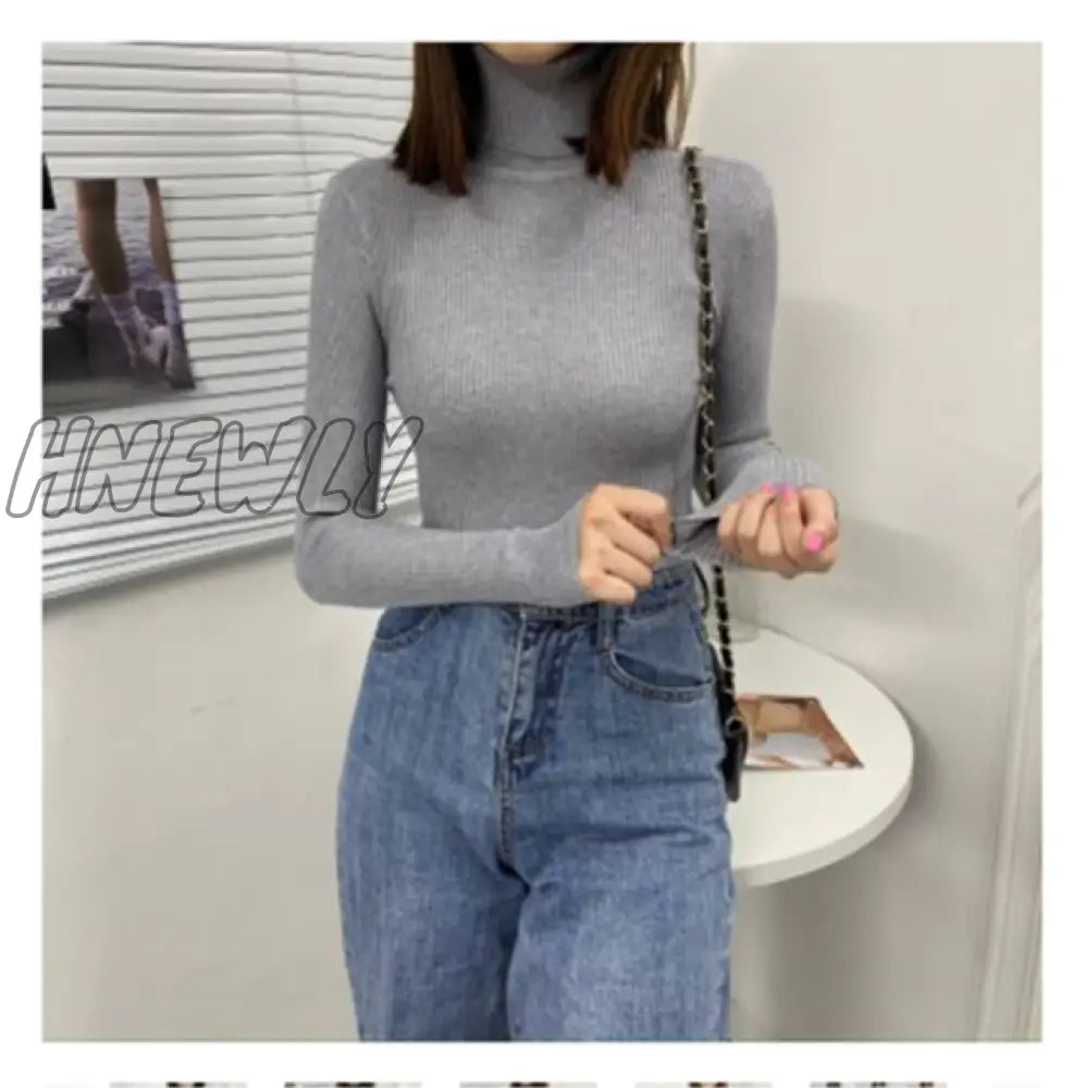 Hnewly Women Turtleneck Sweaters Autumn Winter Korean Slim Pullover Basic Tops Casual Soft Knit