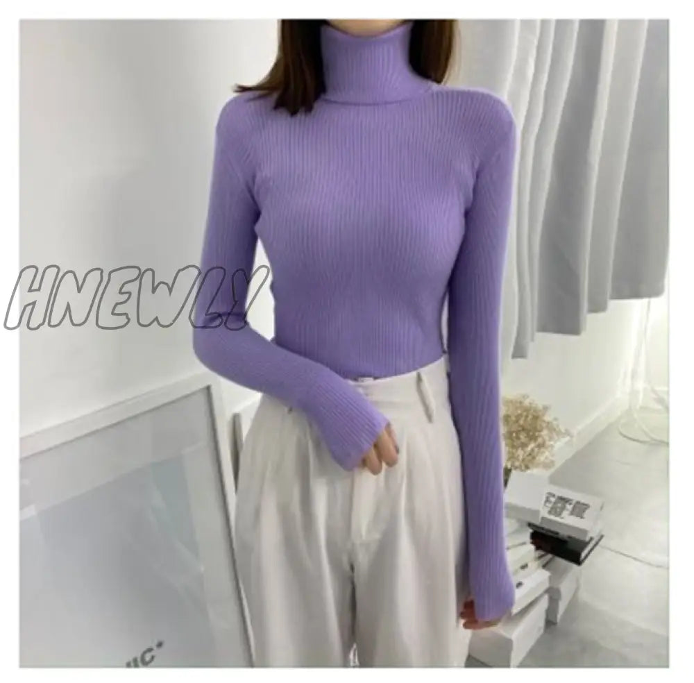 Hnewly Women Turtleneck Sweaters Autumn Winter Korean Slim Pullover Basic Tops Casual Soft Knit