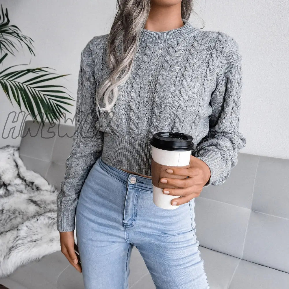 Hnewly Women Twist Knitted Sweaters Autumn Winter O-Neck Long Lantern Sleeve Slim Knitwear Pullover