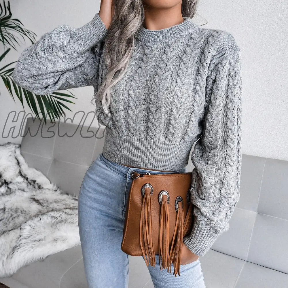 Hnewly Women Twist Knitted Sweaters Autumn Winter O-Neck Long Lantern Sleeve Slim Knitwear Pullover