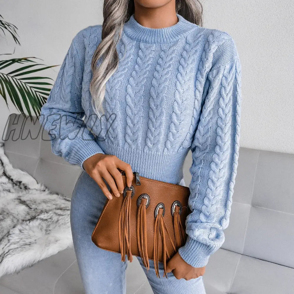 Hnewly Women Twist Knitted Sweaters Autumn Winter O-Neck Long Lantern Sleeve Slim Knitwear Pullover