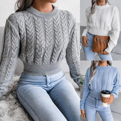 Hnewly Women Twist Knitted Sweaters Autumn Winter O-Neck Long Lantern Sleeve Slim Knitwear Pullover