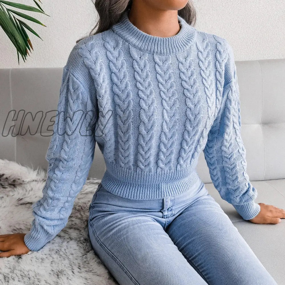 Hnewly Women Twist Knitted Sweaters Autumn Winter O-Neck Long Lantern Sleeve Slim Knitwear Pullover