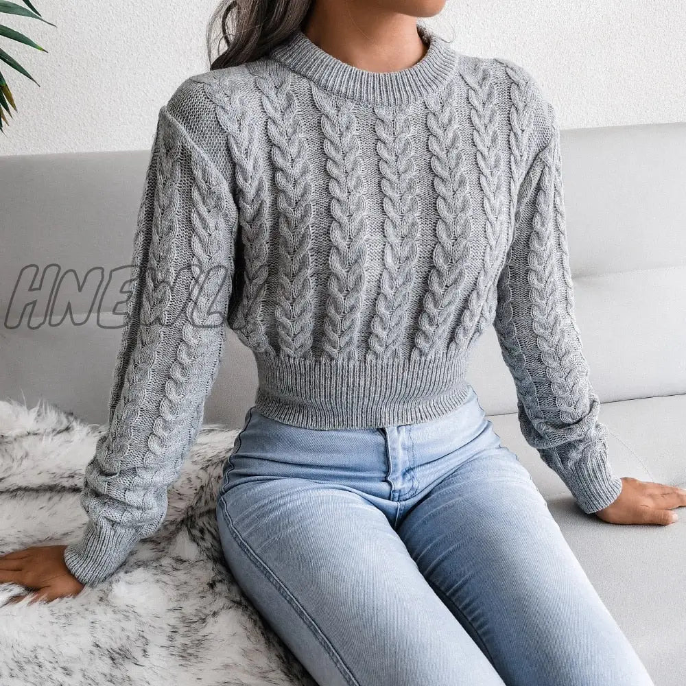 Hnewly Women Twist Knitted Sweaters Autumn Winter O-Neck Long Lantern Sleeve Slim Knitwear Pullover