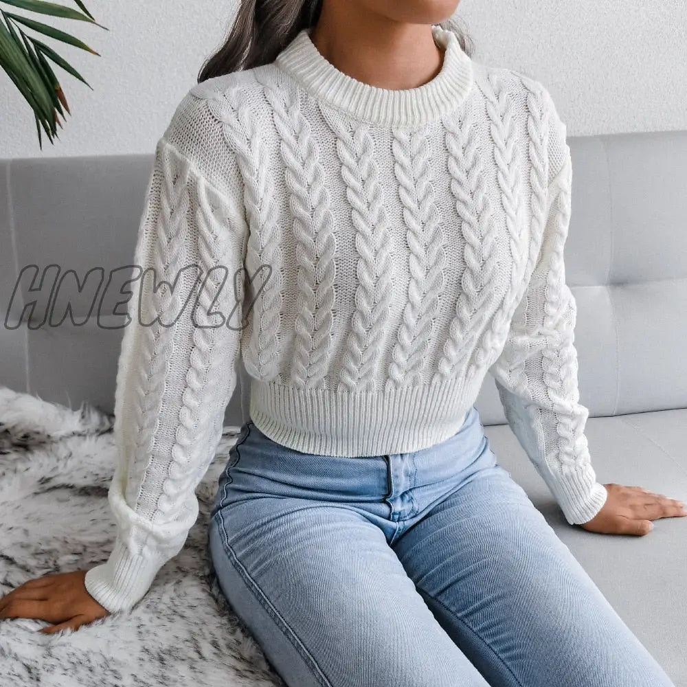 Hnewly Women Twist Knitted Sweaters Autumn Winter O-Neck Long Lantern Sleeve Slim Knitwear Pullover