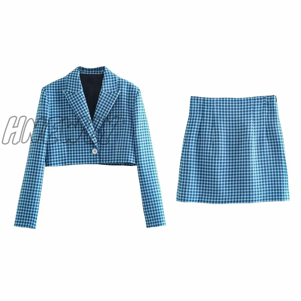 Hnewly Women Two - Piece Set Blue Plaid Vintage Office Lady Single Button Short Blazer Female