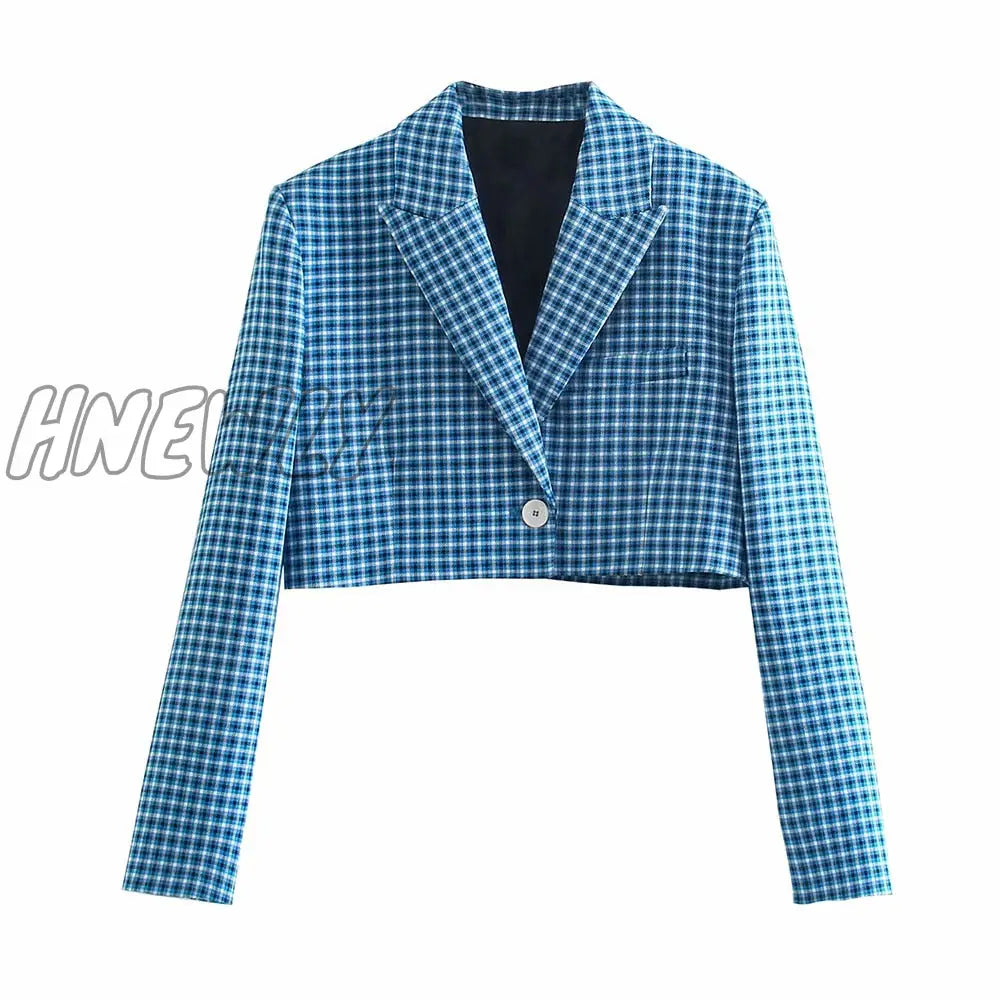 Hnewly Women Two - Piece Set Blue Plaid Vintage Office Lady Single Button Short Blazer Female