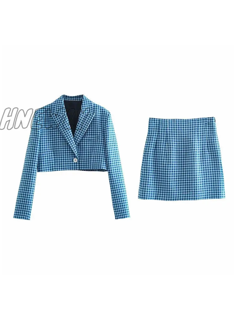 Hnewly Women Two - Piece Set Blue Plaid Vintage Office Lady Single Button Short Blazer Female