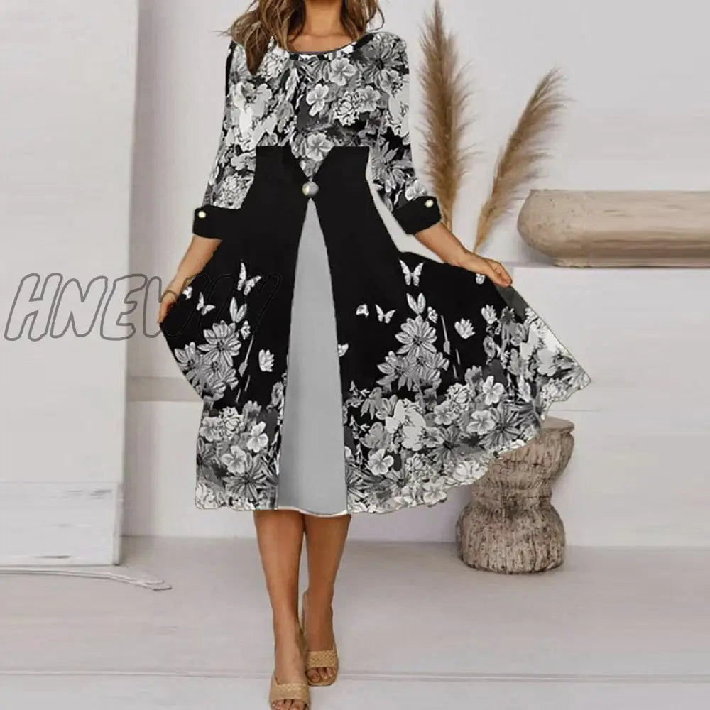 Hnewly Women V Neck Black White Print Classic Dress Lady Autumn Long Sleeve Slim Party Elegant