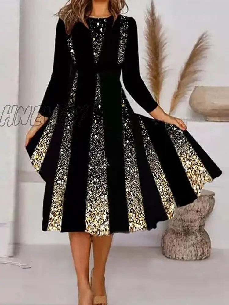 Hnewly Women V Neck Black White Print Classic Dress Lady Autumn Long Sleeve Slim Party Elegant