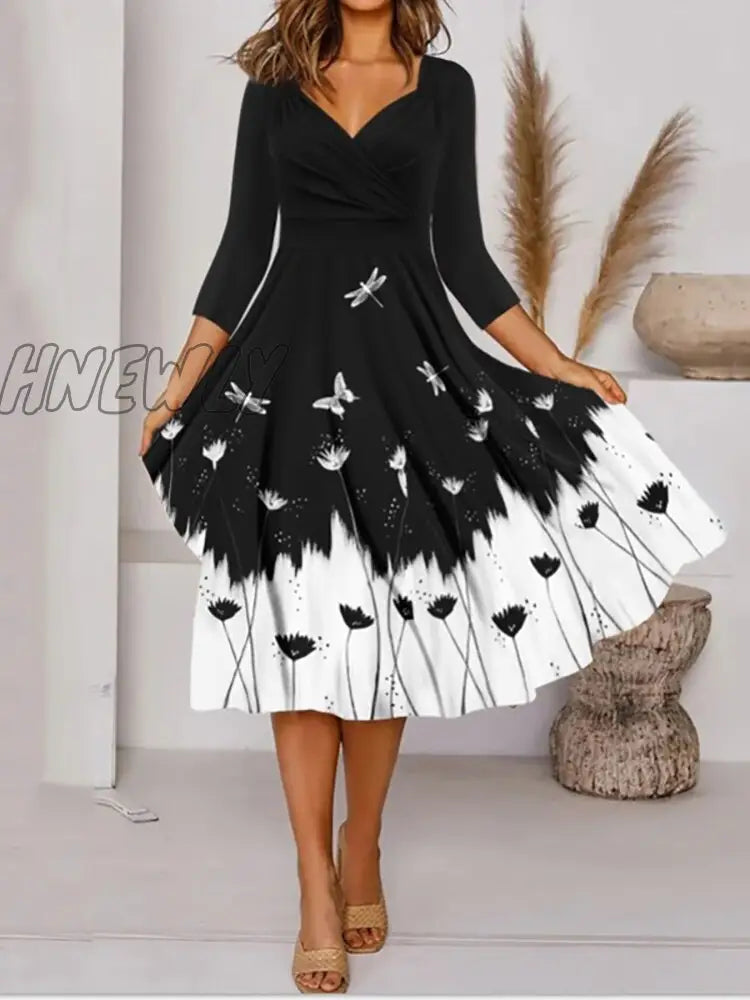 Hnewly Women V Neck Black White Print Classic Dress Lady Autumn Long Sleeve Slim Party Elegant