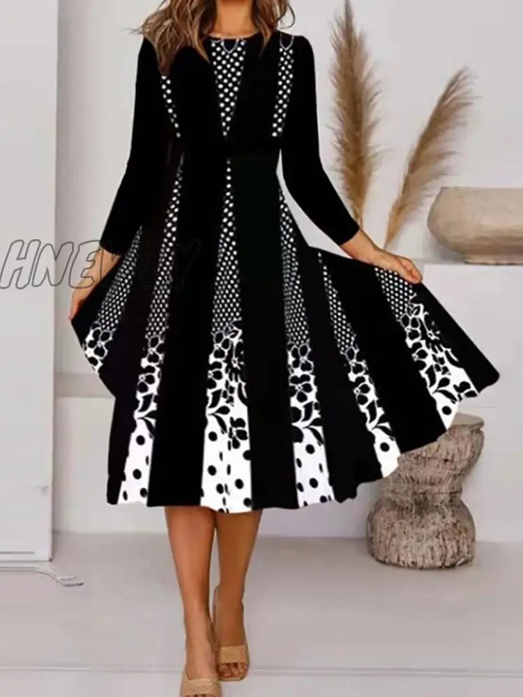 Hnewly Women V Neck Black White Print Classic Dress Lady Autumn Long Sleeve Slim Party Elegant