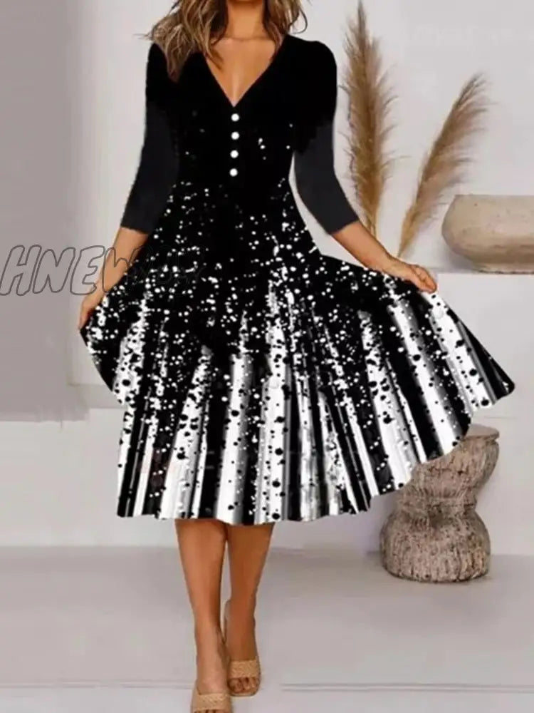 Hnewly Women V Neck Black White Print Classic Dress Lady Autumn Long Sleeve Slim Party Elegant