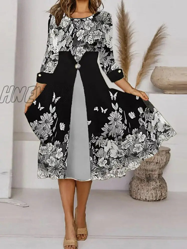 Hnewly Women V Neck Black White Print Classic Dress Lady Autumn Long Sleeve Slim Party Elegant