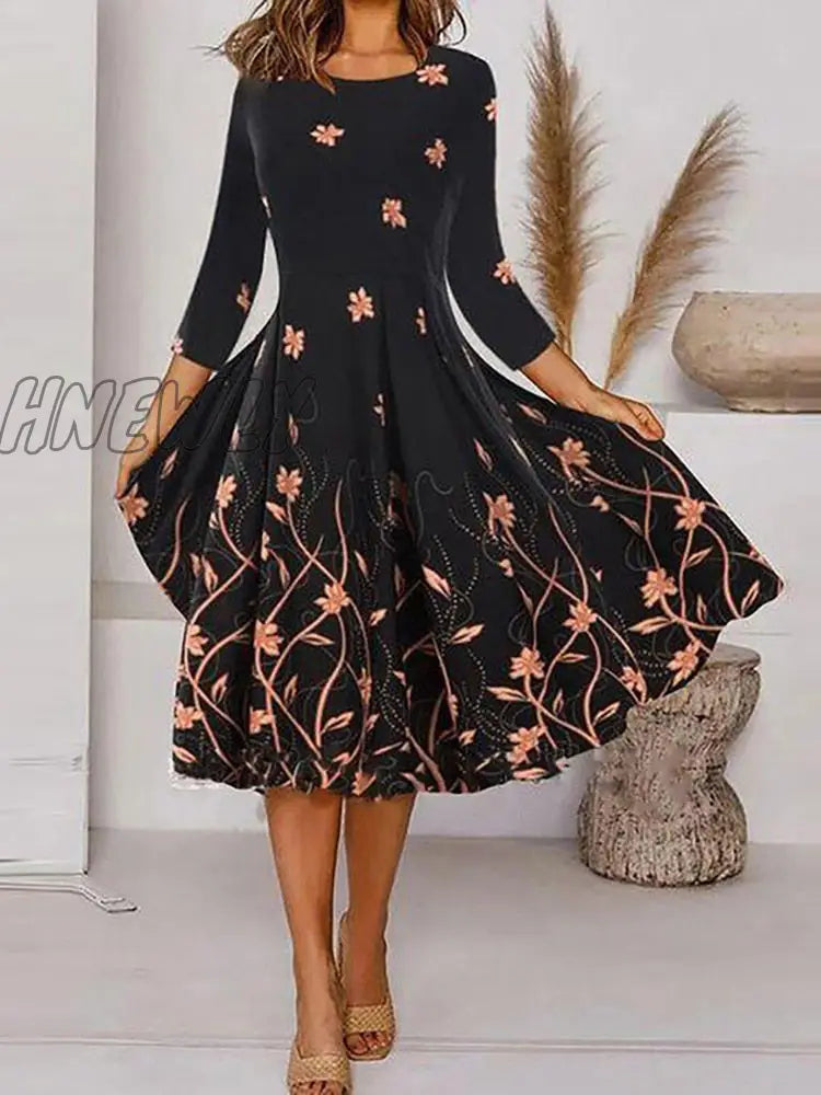 Hnewly Women V Neck Black White Print Classic Dress Lady Autumn Long Sleeve Slim Party Elegant