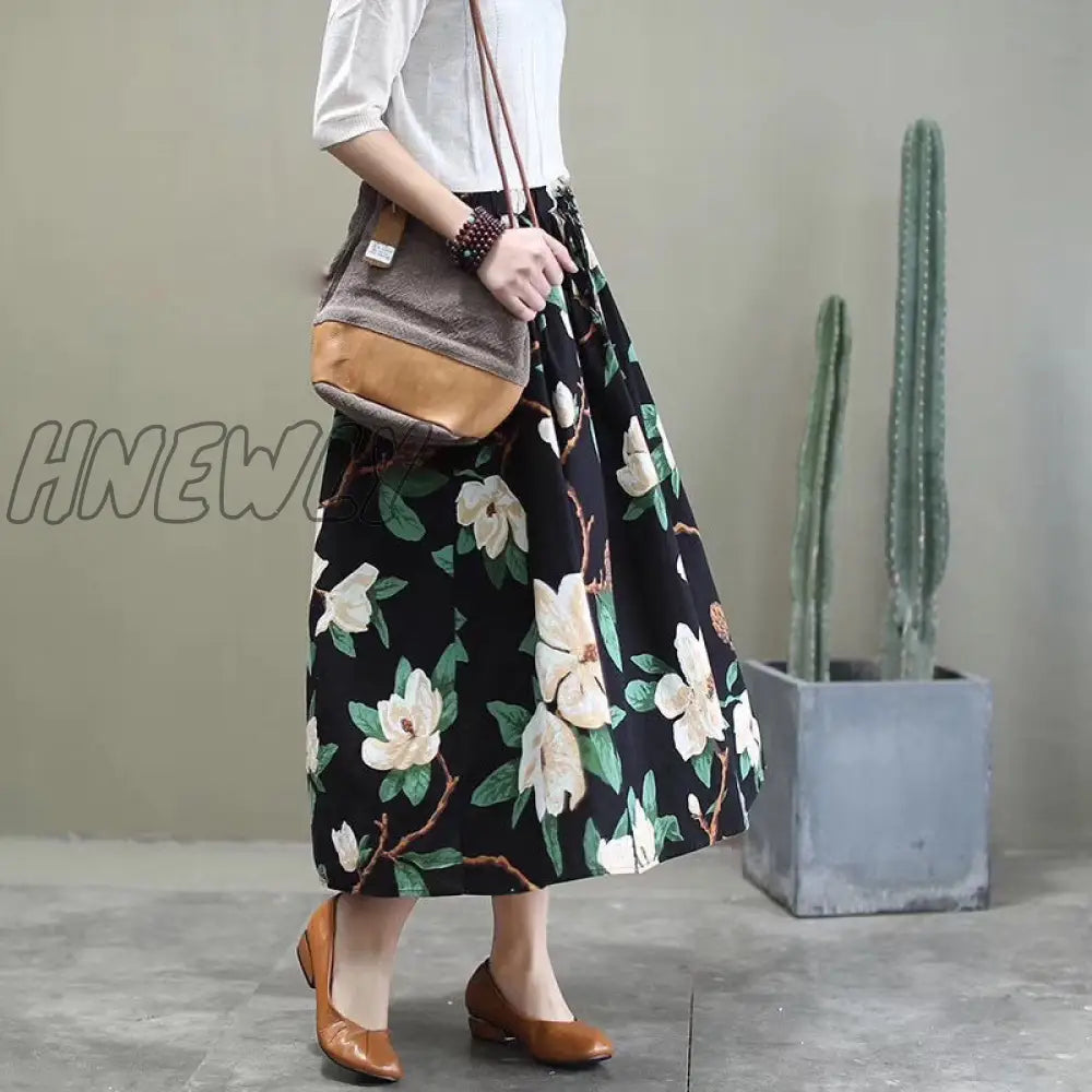 Hnewly Women Vintage Floral Print Cotton Linen Skirt Autumn New Mid Length High Waist Casual Retro