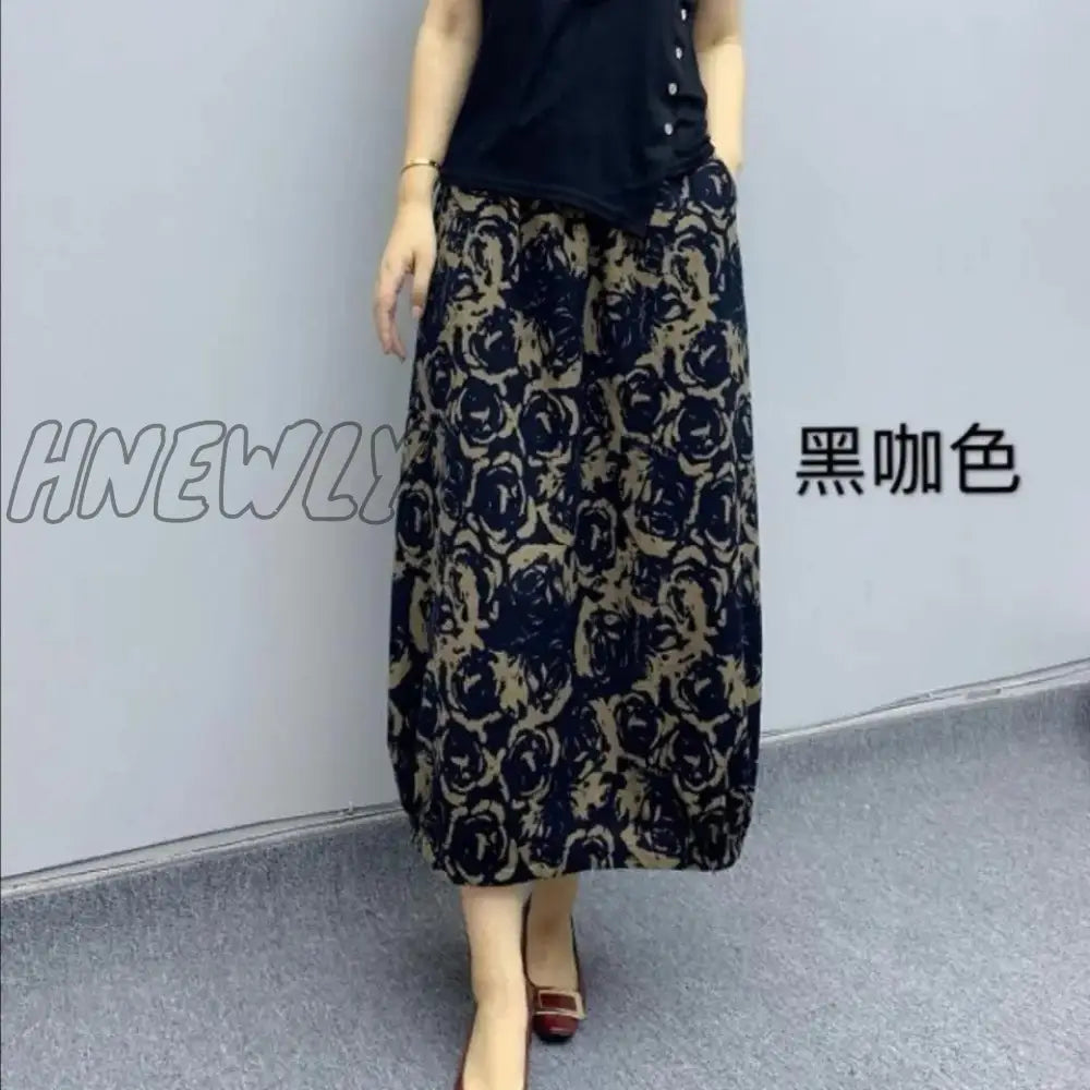 Hnewly Women Vintage Floral Print Cotton Linen Skirt Autumn New Mid Length High Waist Casual Retro