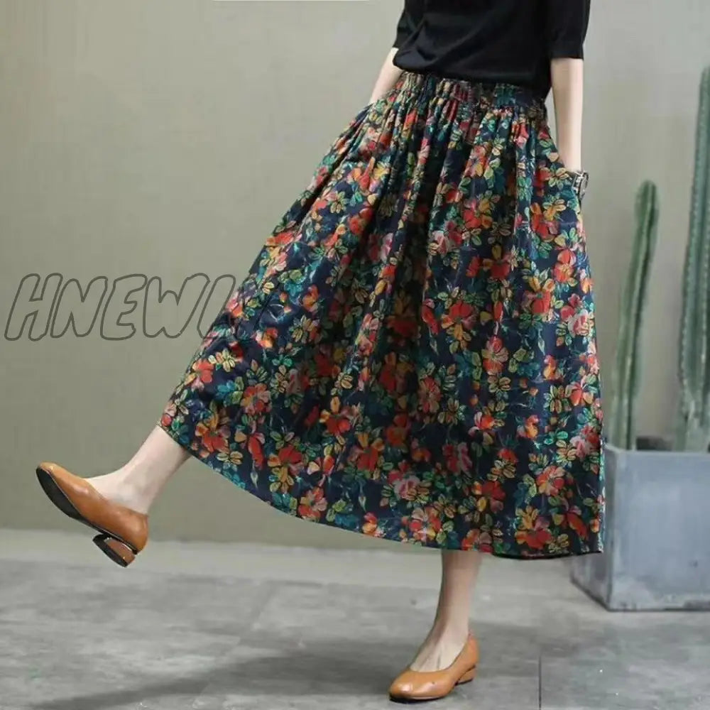 Hnewly Women Vintage Floral Print Cotton Linen Skirt Autumn New Mid Length High Waist Casual Retro