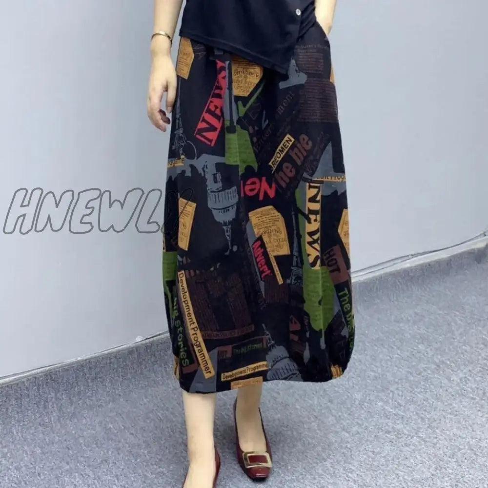 Hnewly Women Vintage Floral Print Cotton Linen Skirt Autumn New Mid Length High Waist Casual Retro