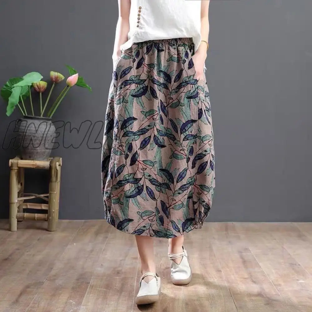 Hnewly Women Vintage Floral Print Cotton Linen Skirt Autumn New Mid Length High Waist Casual Retro