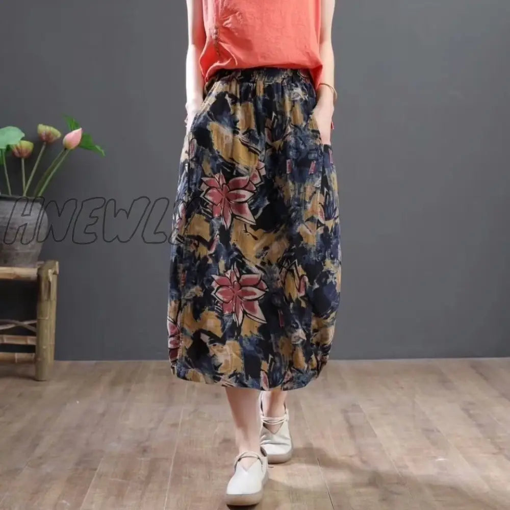 Hnewly Women Vintage Floral Print Cotton Linen Skirt Autumn New Mid Length High Waist Casual Retro