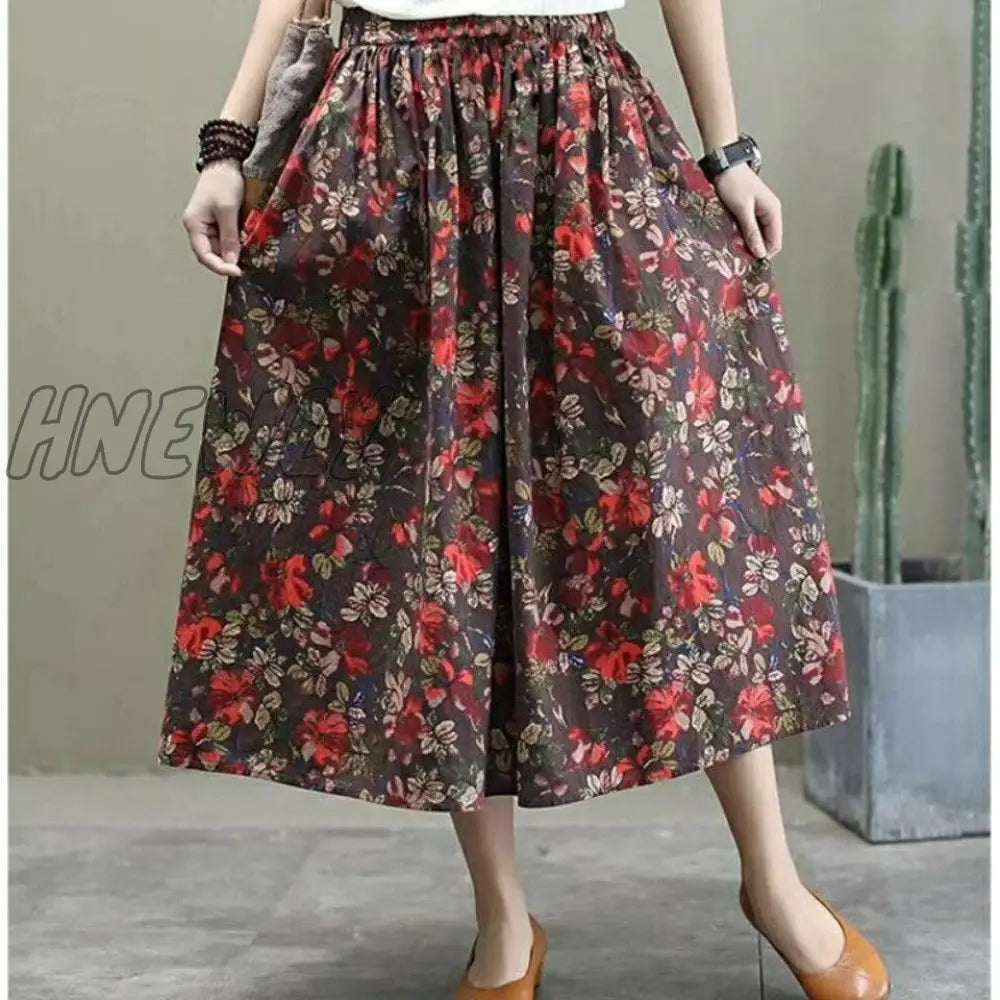 Hnewly Women Vintage Floral Print Cotton Linen Skirt Autumn New Mid Length High Waist Casual Retro