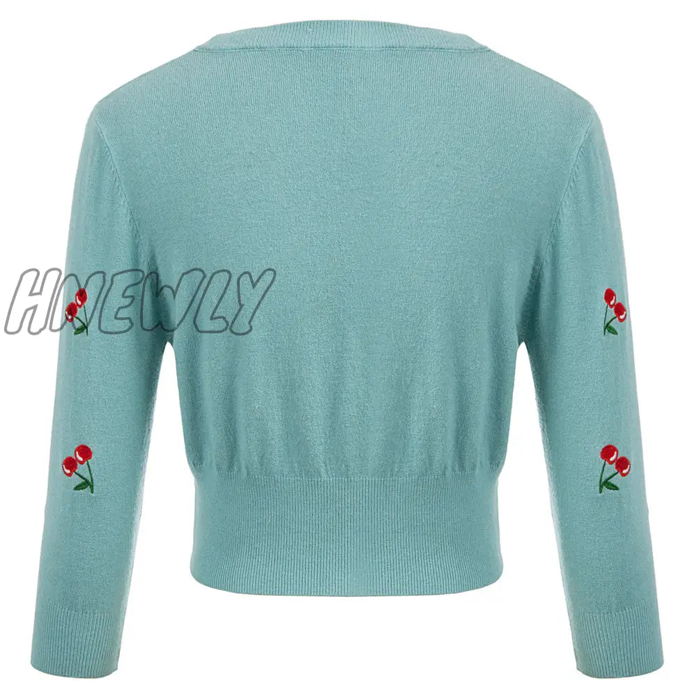 Hnewly Women Vintage Jackets Cardigans Autumn Spring Womens Cherries Embroidery 3/4 Sleeve V - Neck