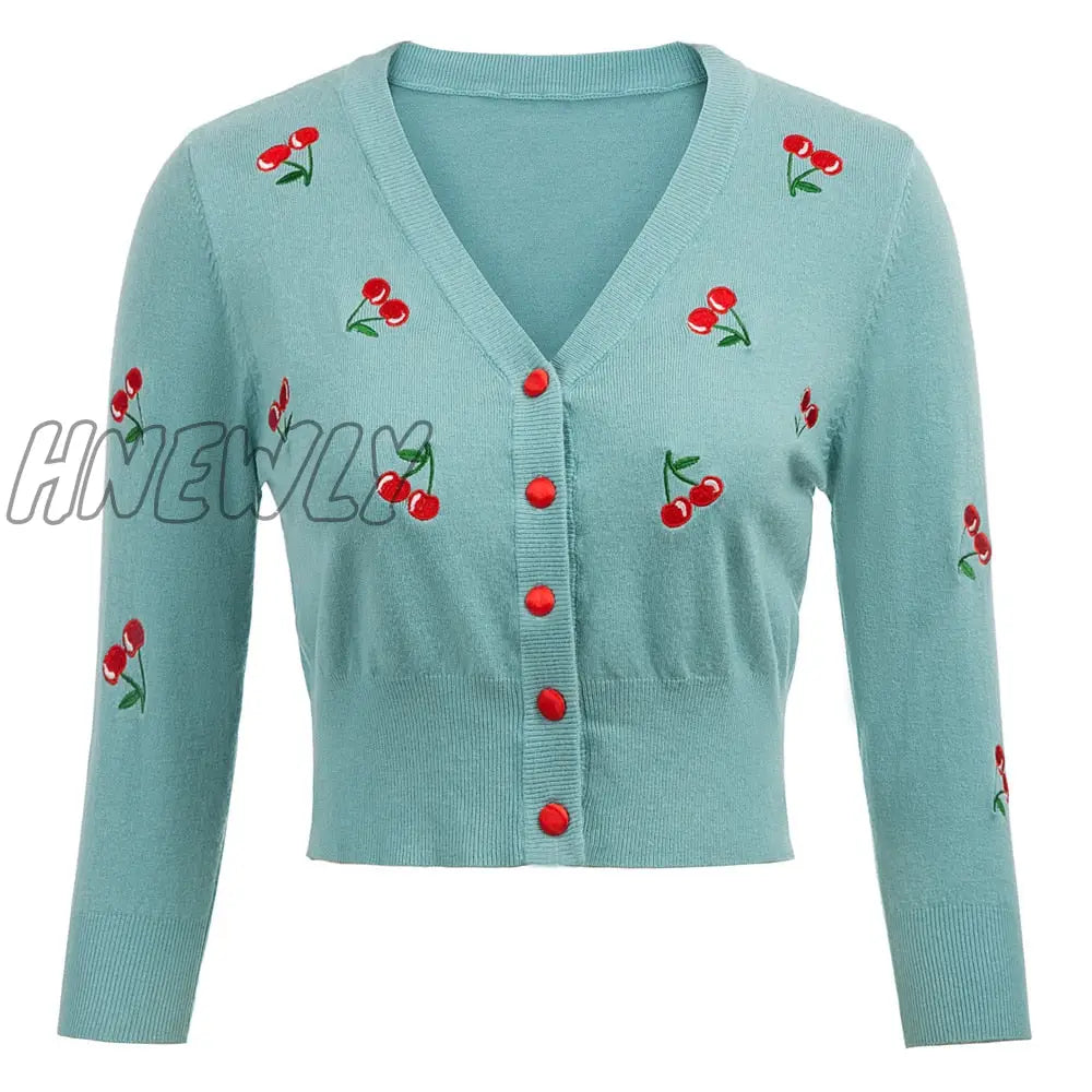 Hnewly Women Vintage Jackets Cardigans Autumn Spring Womens Cherries Embroidery 3/4 Sleeve V - Neck