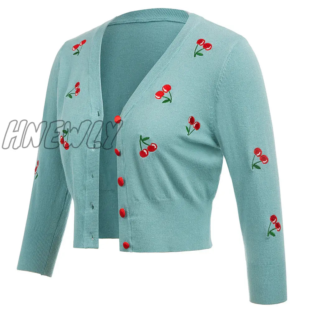 Hnewly Women Vintage Jackets Cardigans Autumn Spring Womens Cherries Embroidery 3/4 Sleeve V - Neck