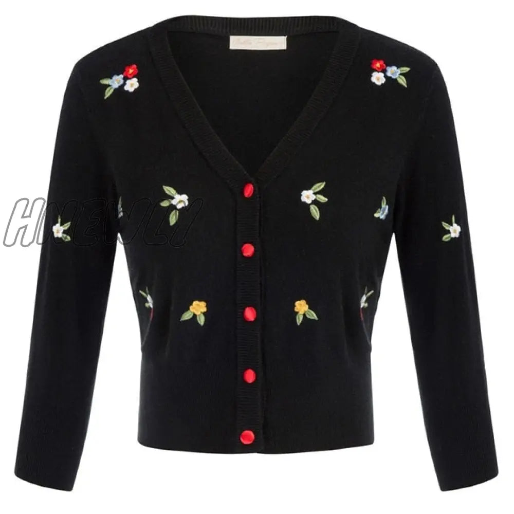 Hnewly Women Vintage Jackets Cardigans Autumn Spring Womens Cherries Embroidery 3/4 Sleeve V - Neck