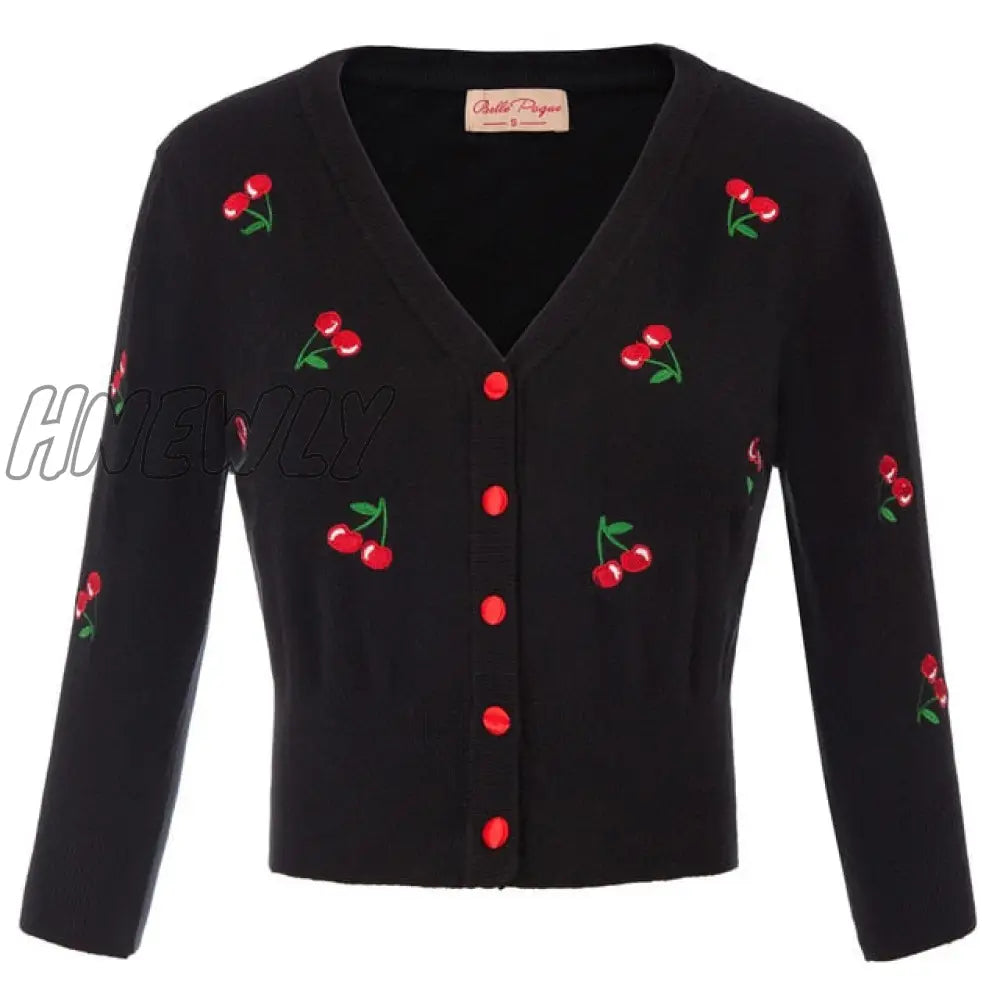 Hnewly Women Vintage Jackets Cardigans Autumn Spring Womens Cherries Embroidery 3/4 Sleeve V - Neck