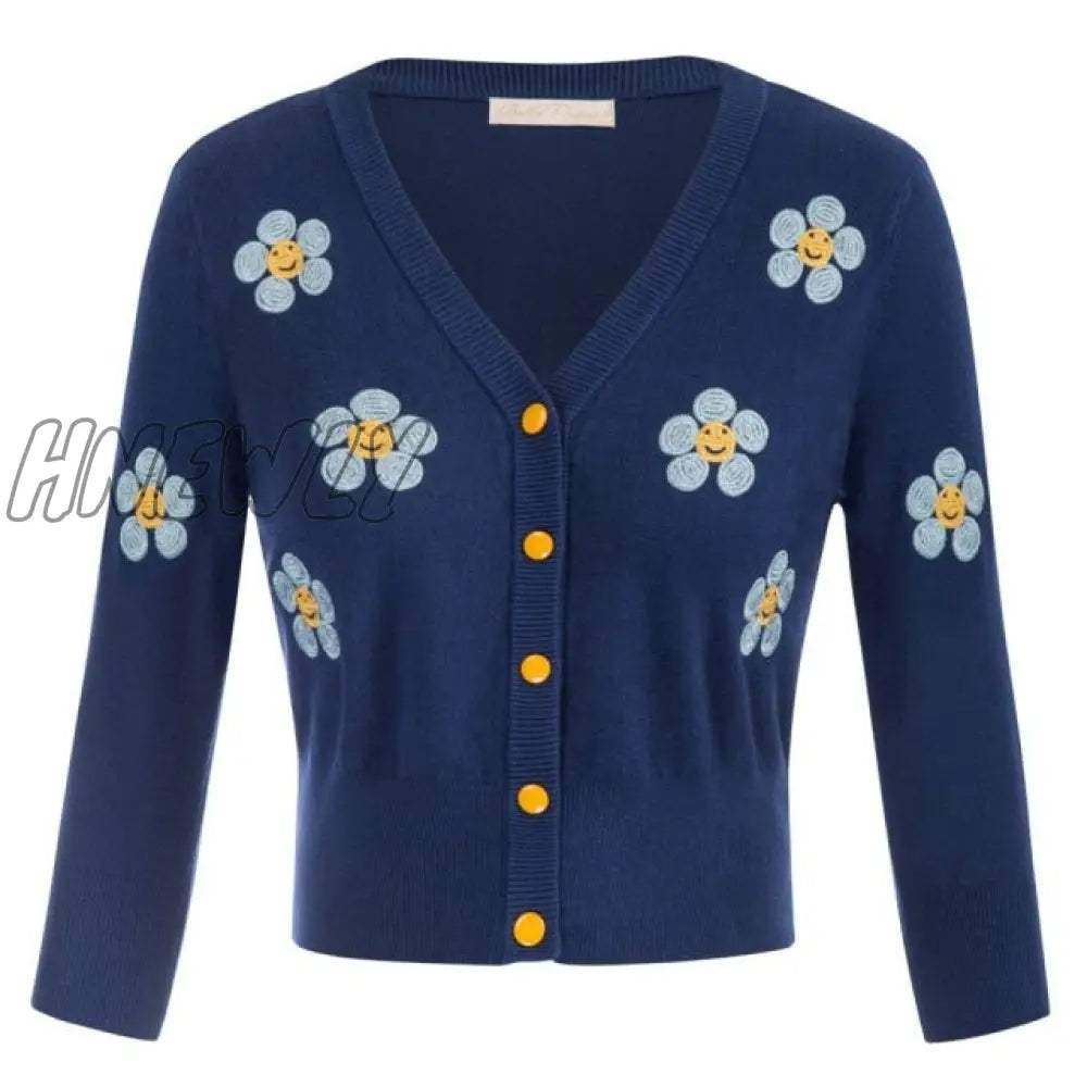 Hnewly Women Vintage Jackets Cardigans Autumn Spring Womens Cherries Embroidery 3/4 Sleeve V - Neck