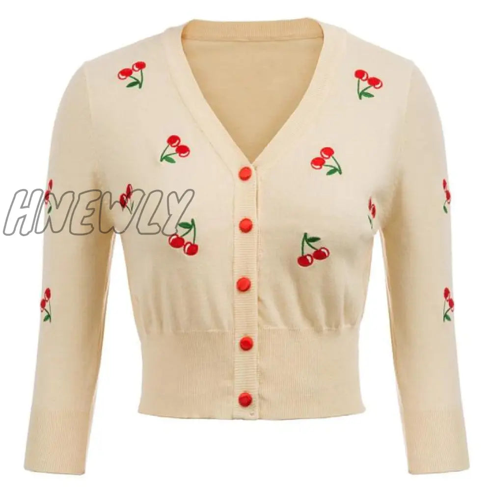 Hnewly Women Vintage Jackets Cardigans Autumn Spring Womens Cherries Embroidery 3/4 Sleeve V - Neck