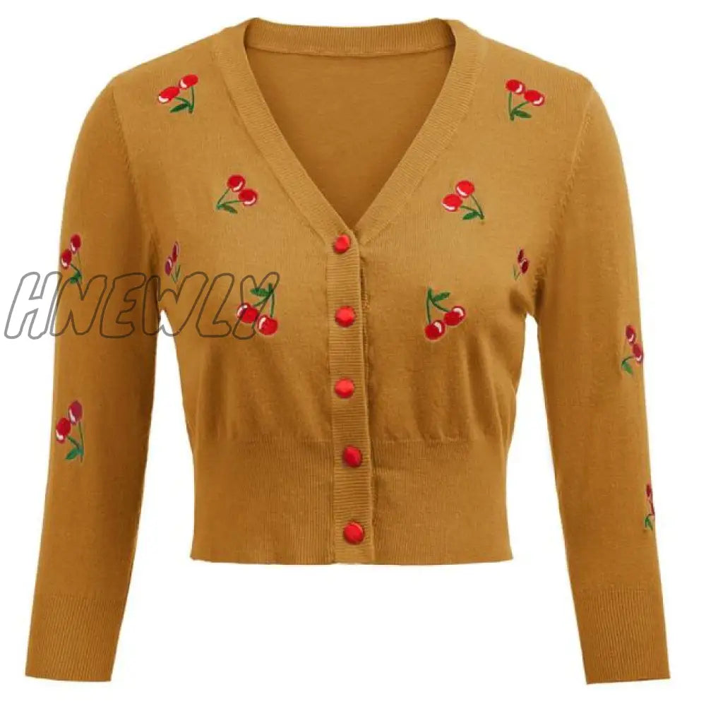 Hnewly Women Vintage Jackets Cardigans Autumn Spring Womens Cherries Embroidery 3/4 Sleeve V - Neck