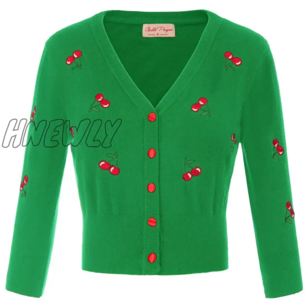 Hnewly Women Vintage Jackets Cardigans Autumn Spring Womens Cherries Embroidery 3/4 Sleeve V - Neck