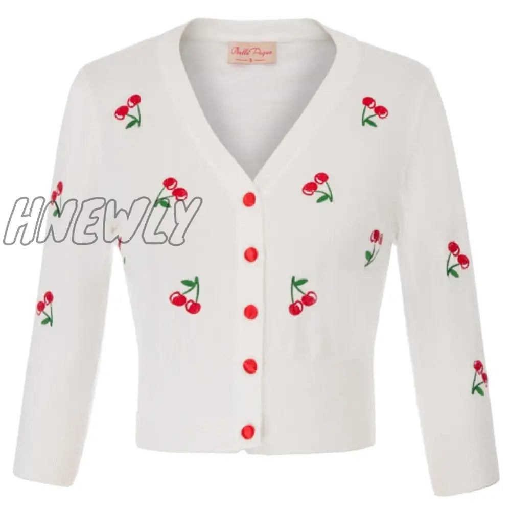 Hnewly Women Vintage Jackets Cardigans Autumn Spring Womens Cherries Embroidery 3/4 Sleeve V - Neck