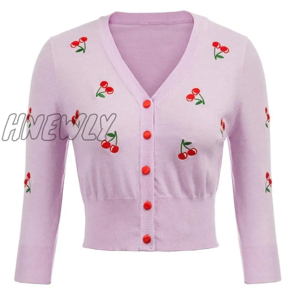 Hnewly Women Vintage Jackets Cardigans Autumn Spring Womens Cherries Embroidery 3/4 Sleeve V - Neck