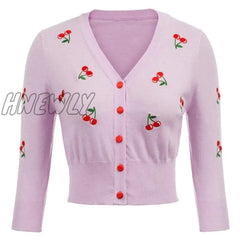 Hnewly Women Vintage Jackets Cardigans Autumn Spring Womens Cherries Embroidery 3/4 Sleeve V - Neck