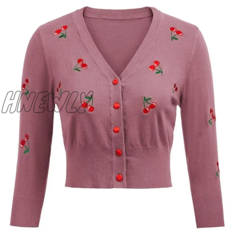 Hnewly Women Vintage Jackets Cardigans Autumn Spring Womens Cherries Embroidery 3/4 Sleeve V - Neck