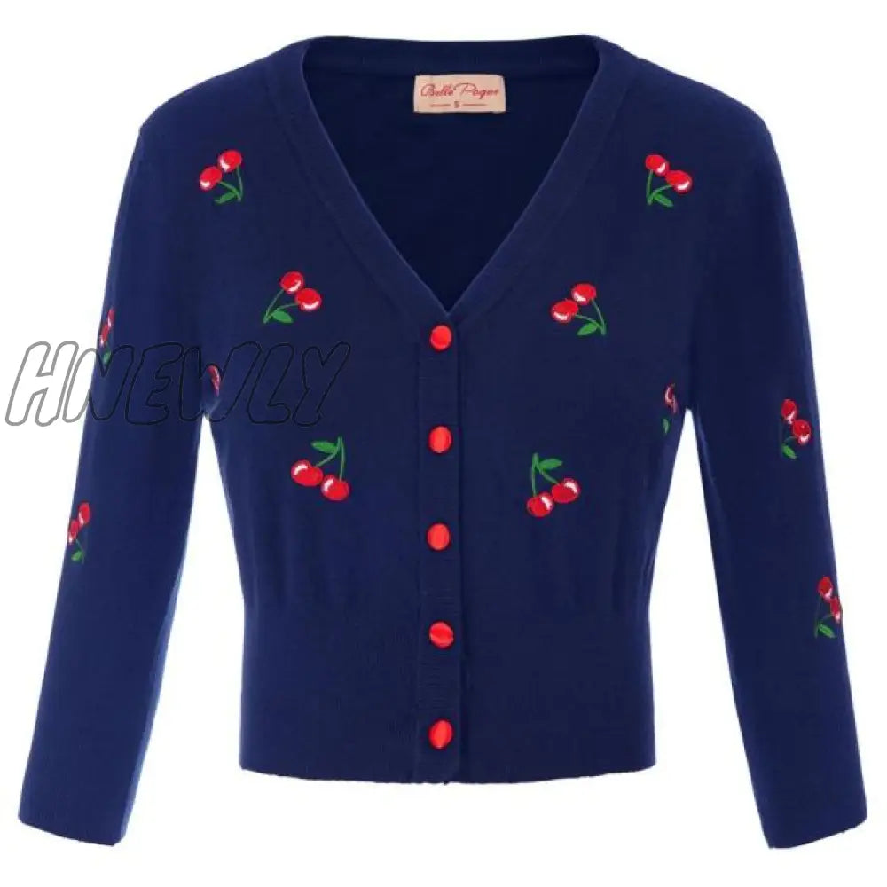 Hnewly Women Vintage Jackets Cardigans Autumn Spring Womens Cherries Embroidery 3/4 Sleeve V - Neck