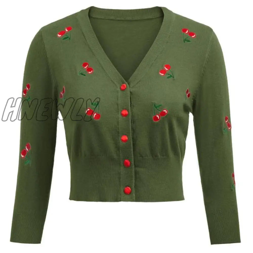 Hnewly Women Vintage Jackets Cardigans Autumn Spring Womens Cherries Embroidery 3/4 Sleeve V - Neck