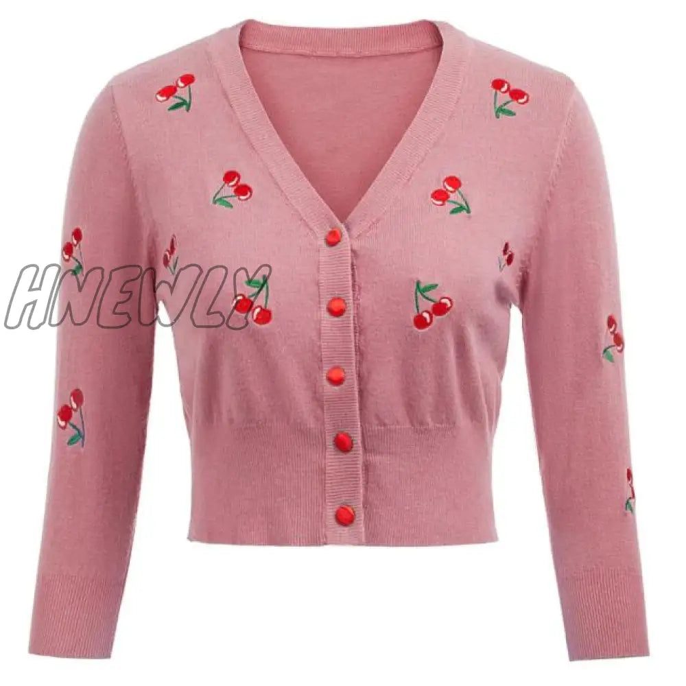 Hnewly Women Vintage Jackets Cardigans Autumn Spring Womens Cherries Embroidery 3/4 Sleeve V - Neck