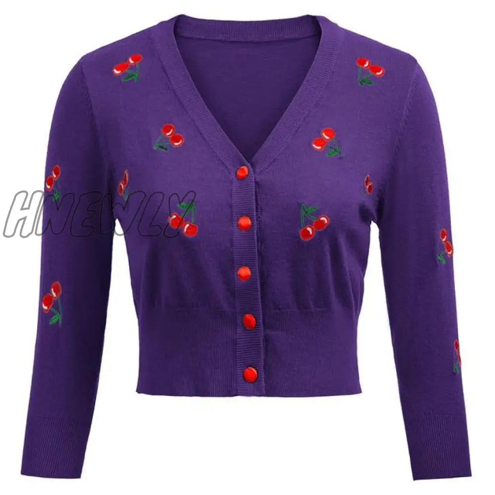 Hnewly Women Vintage Jackets Cardigans Autumn Spring Womens Cherries Embroidery 3/4 Sleeve V - Neck