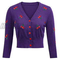 Hnewly Women Vintage Jackets Cardigans Autumn Spring Womens Cherries Embroidery 3/4 Sleeve V - Neck