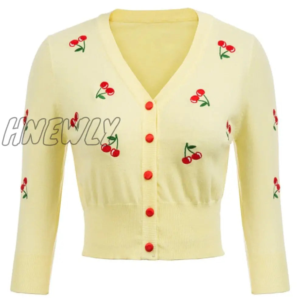 Hnewly Women Vintage Jackets Cardigans Autumn Spring Womens Cherries Embroidery 3/4 Sleeve V - Neck