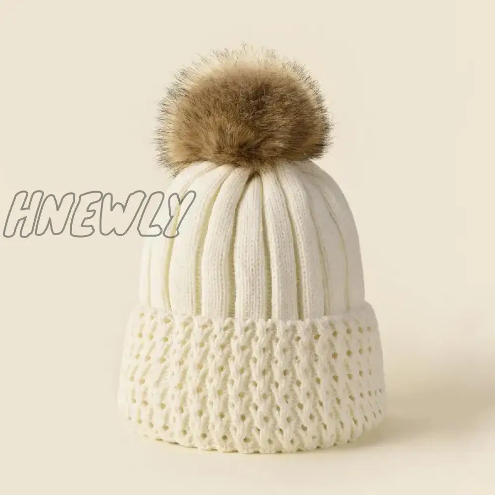 Hnewly Women Winter Solid Knitted Hat Casual Brimless Big Fur Pompom For Females Warm Fashion