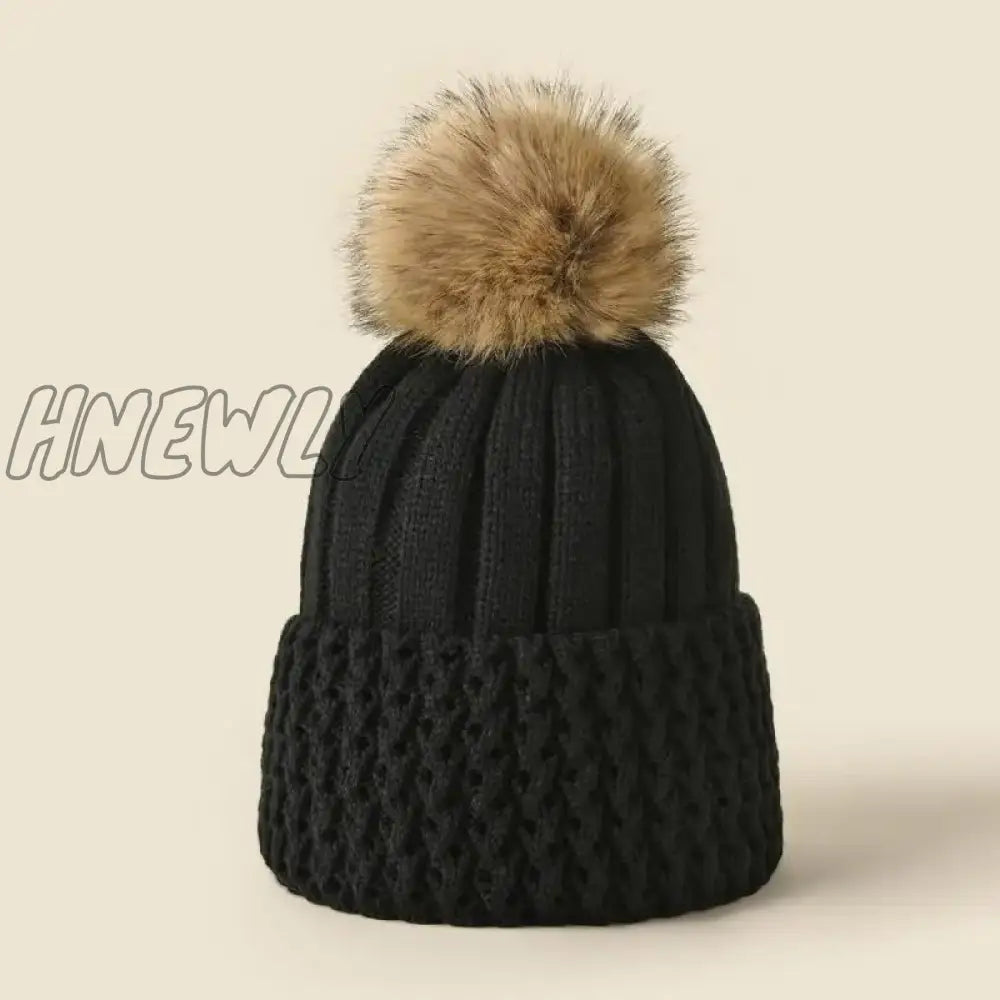 Hnewly Women Winter Solid Knitted Hat Casual Brimless Big Fur Pompom For Females Warm Fashion