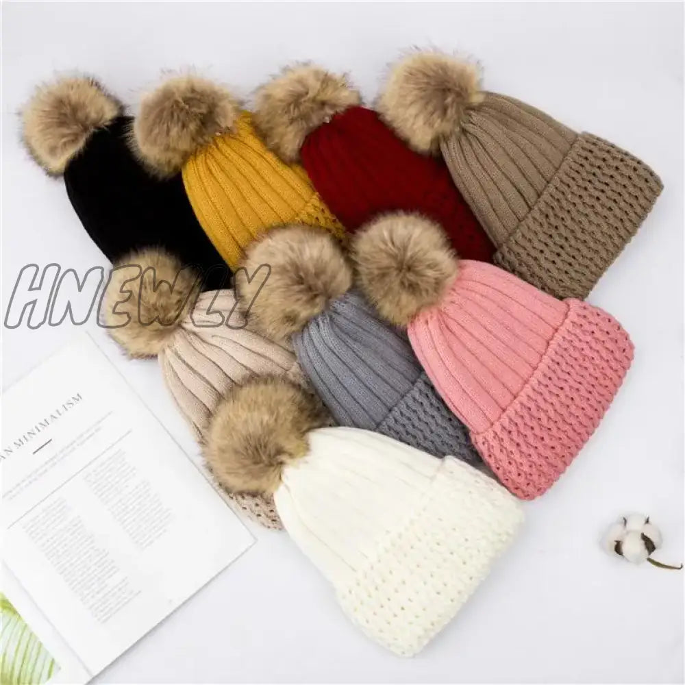 Hnewly Women Winter Solid Knitted Hat Casual Brimless Big Fur Pompom For Females Warm Fashion