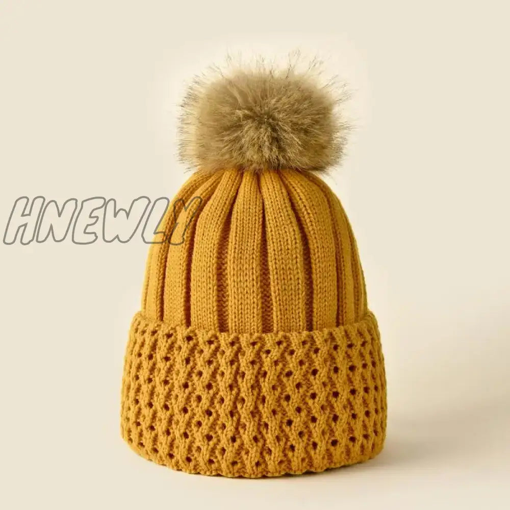 Hnewly Women Winter Solid Knitted Hat Casual Brimless Big Fur Pompom For Females Warm Fashion